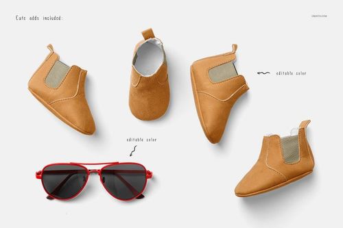 Top view of tan baby shoes with elastic panels and a pair of red sunglasses on a white background, arranged neatly.
