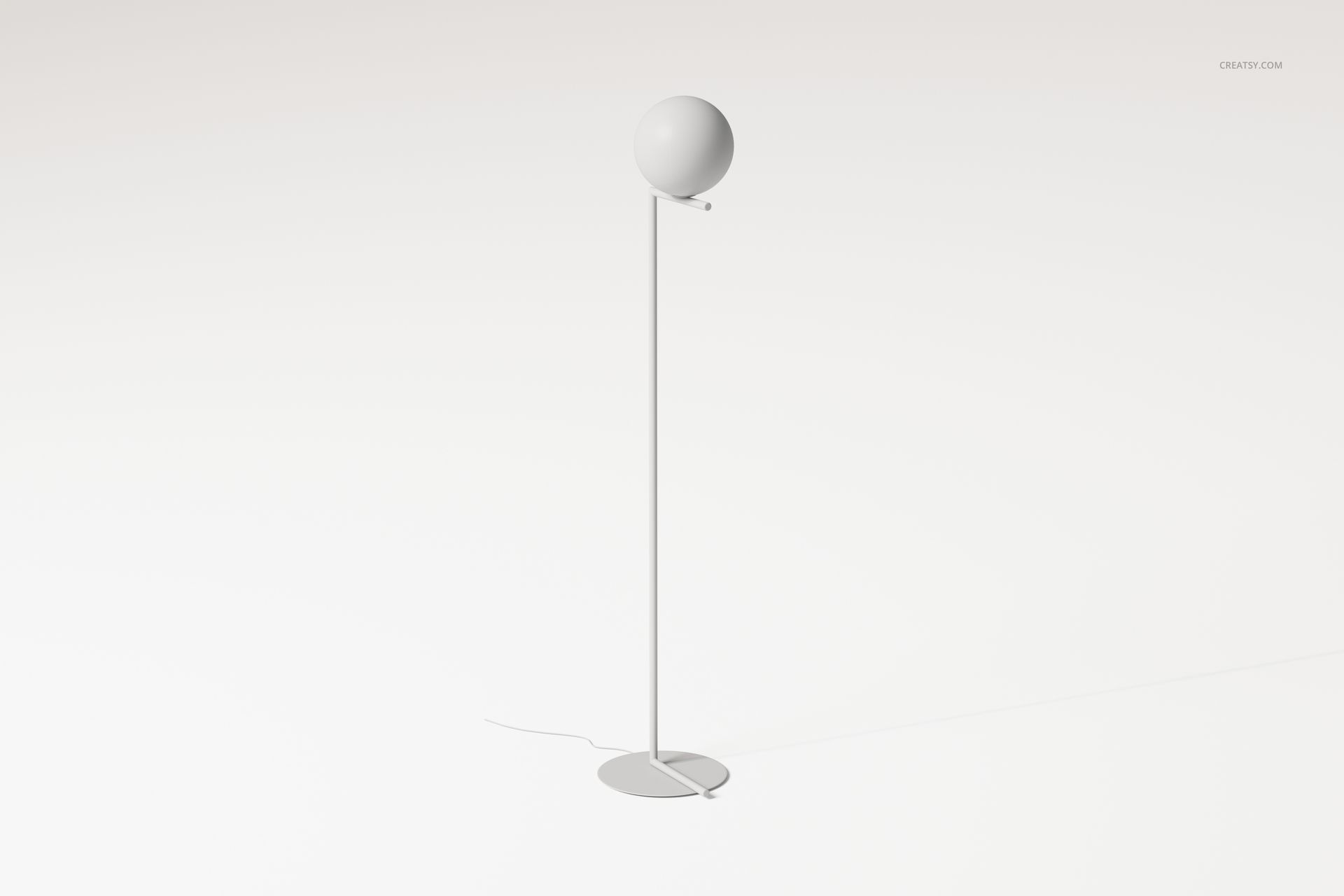 Minimalist sphere floor lamp with a white round shade and slender vertical stand, shown on a plain background.