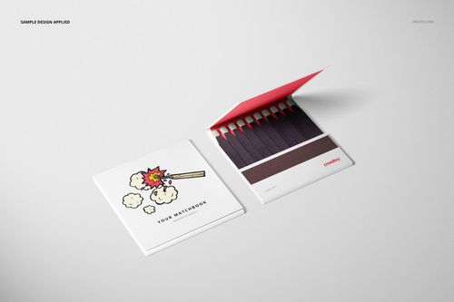 Open and closed matchbook mockup set featuring a playful illustrated cover and visible matches inside, top view angle.