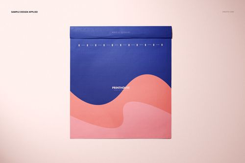 Front view of a cloth lined envelope mockup featuring a bold blue flap and pink wavy design on a light surface.