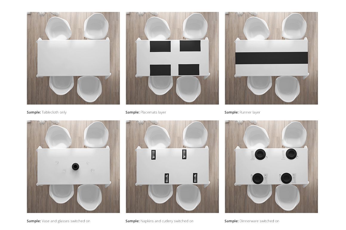 Table textiles mockup set showing six arrangements with white tablecloths, placemats, runner, and dining props from a top view.