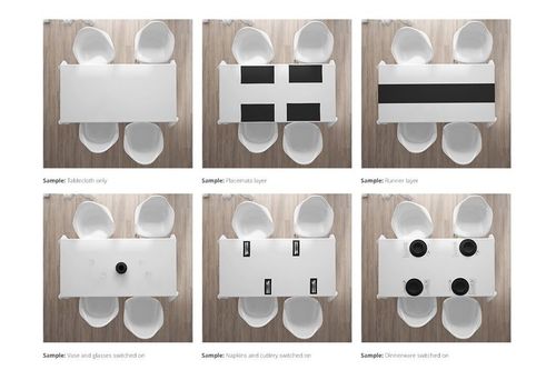 Table textiles mockup set showing six arrangements with white tablecloths, placemats, runner, and dining props from a top view.