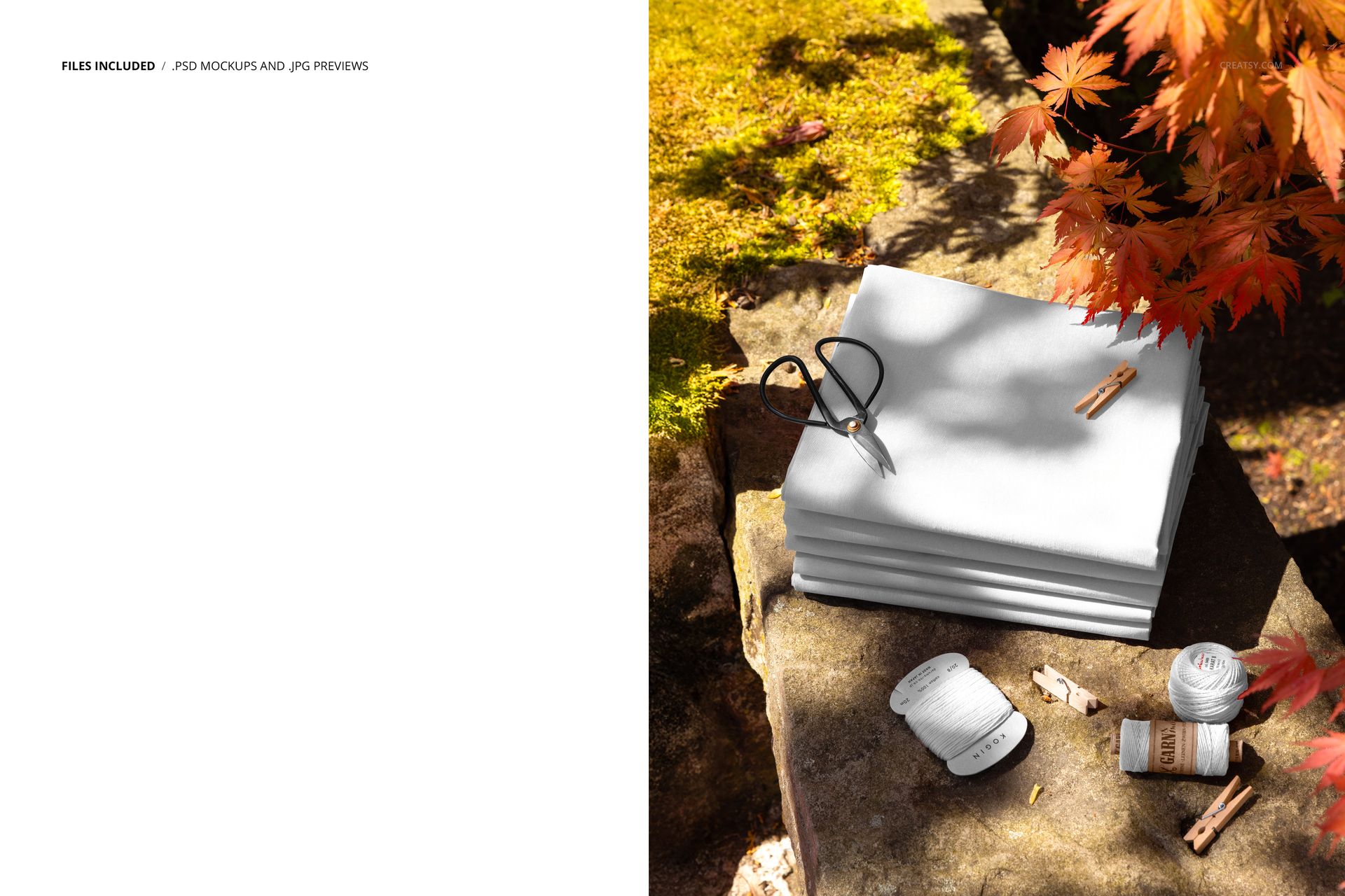 PSD mockup showing folded fabric swatches on a stone ledge, accompanied by autumn leaves and sewing supplies.