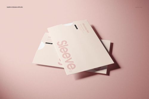 Collateral sleeves mockup featuring two pale pink envelopes with simple typography, shown from a slightly top angle.