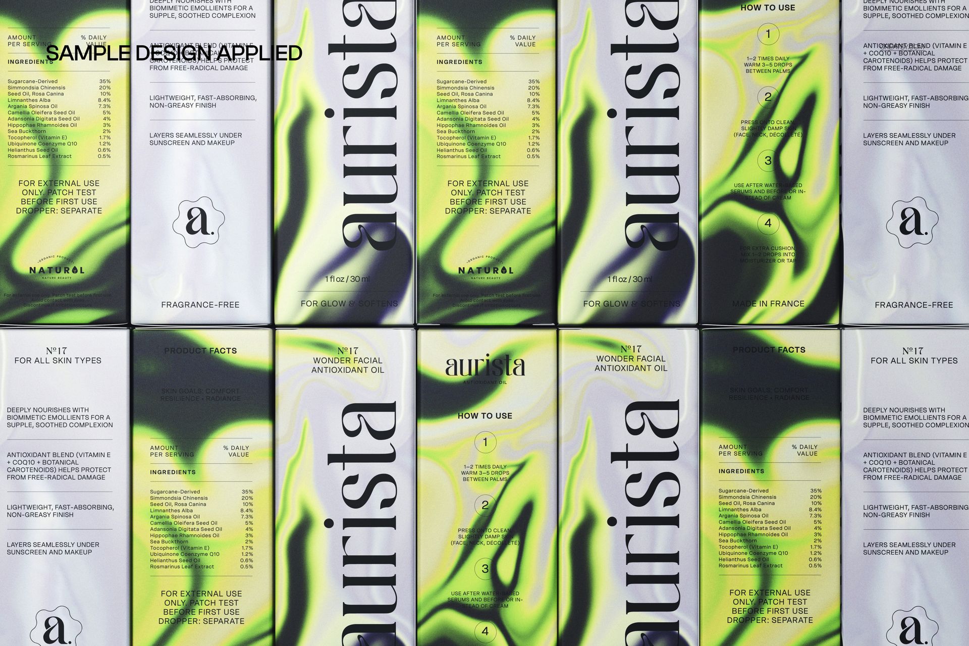 Grid layout of dropper bottle mockup boxes with abstract green swirls, black accents, and prominent branding elements.
