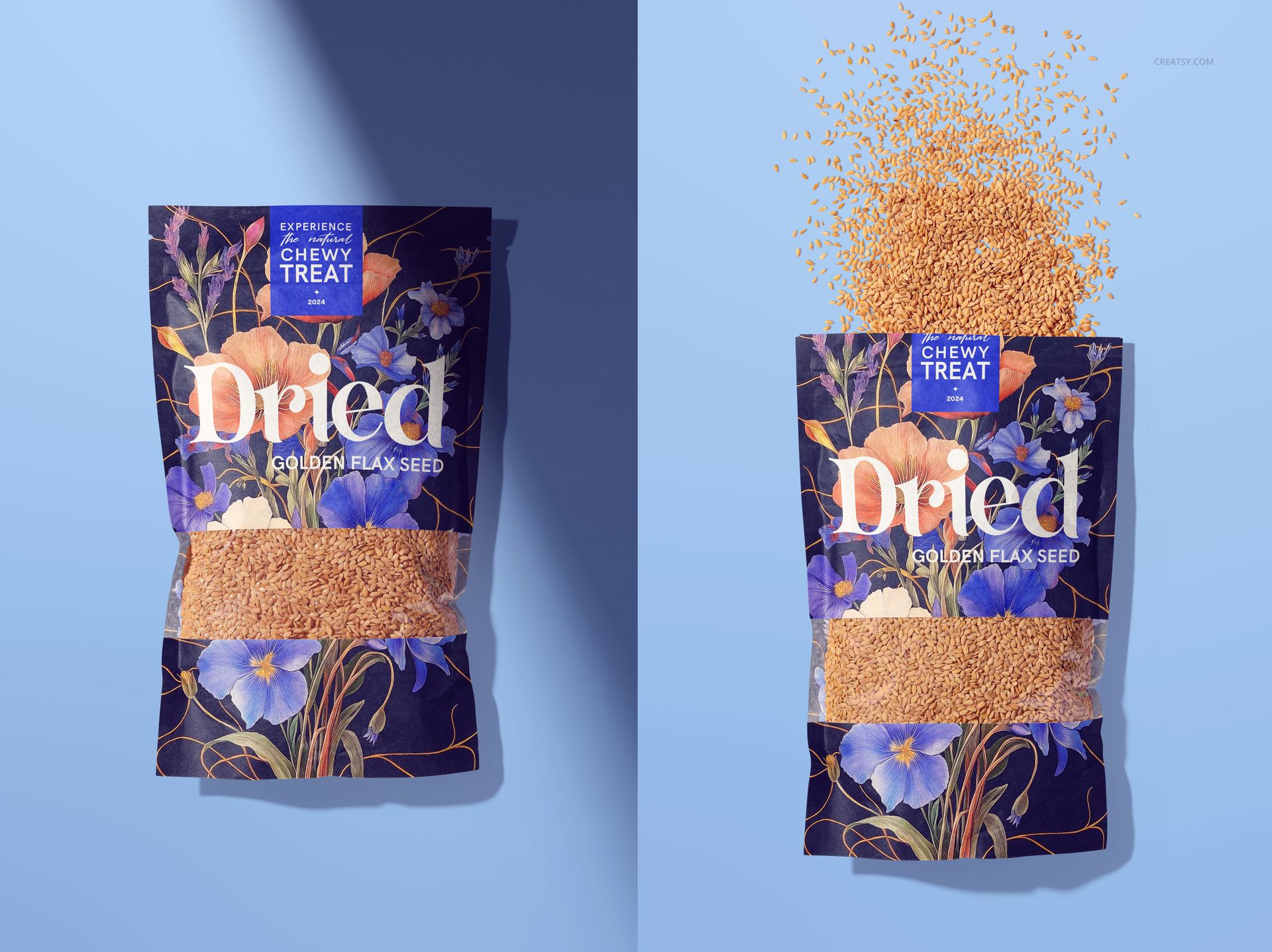Golden flax seeds paper pouch mockup set showing sealed and open pouches with floral design on a blue surface.