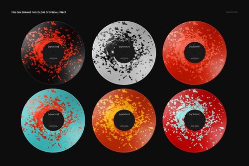 PSD mockup featuring six vinyl records with unique splatter patterns in red, blue, yellow, and monochrome tones.