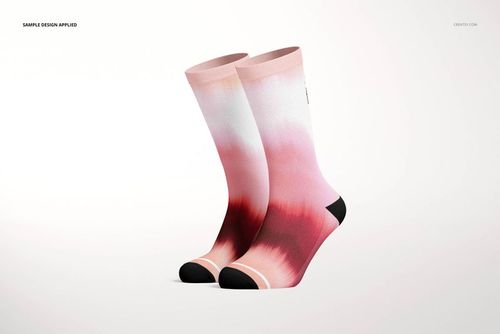 Long socks mockup featuring a pair of socks with a pink and red gradient pattern, shown from a side angle on a white background.