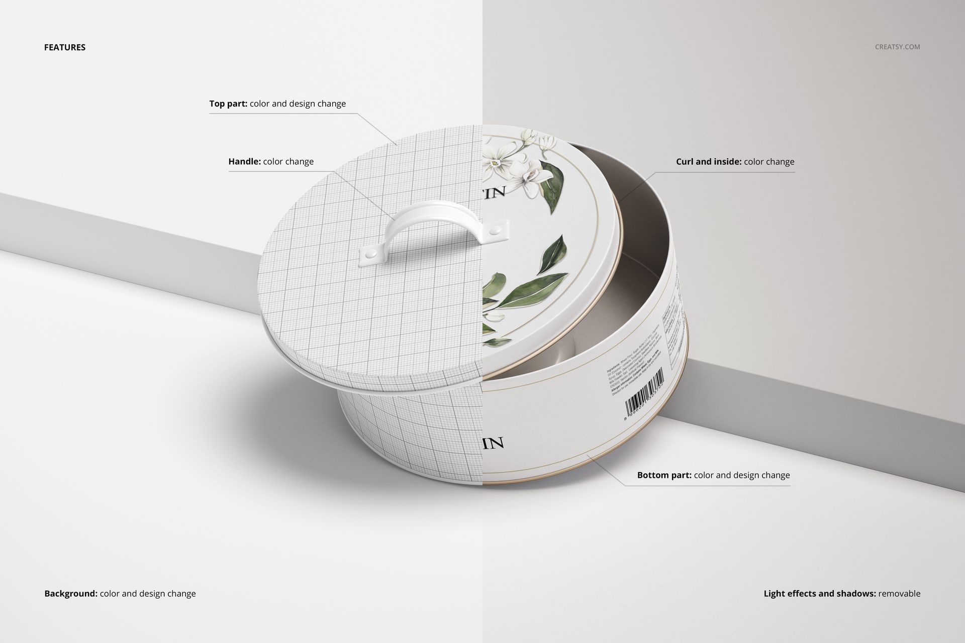 Round cookie tin mockup with a partially open lid, featuring a split design of grid pattern and floral artwork, shown in perspective view.