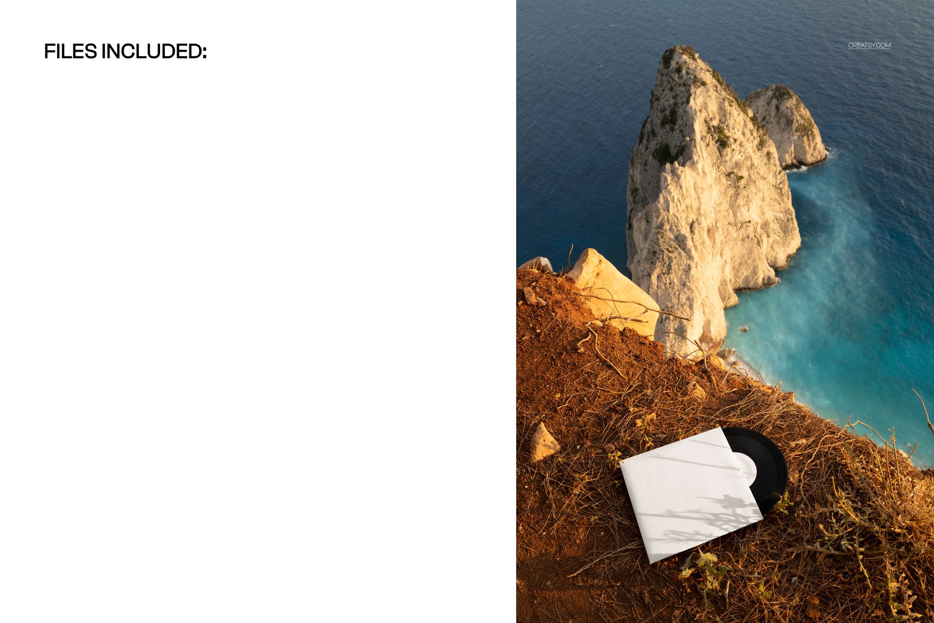 Black vinyl record partially in a white sleeve lying on rocky cliff edge above blue ocean, top view mockup scene.