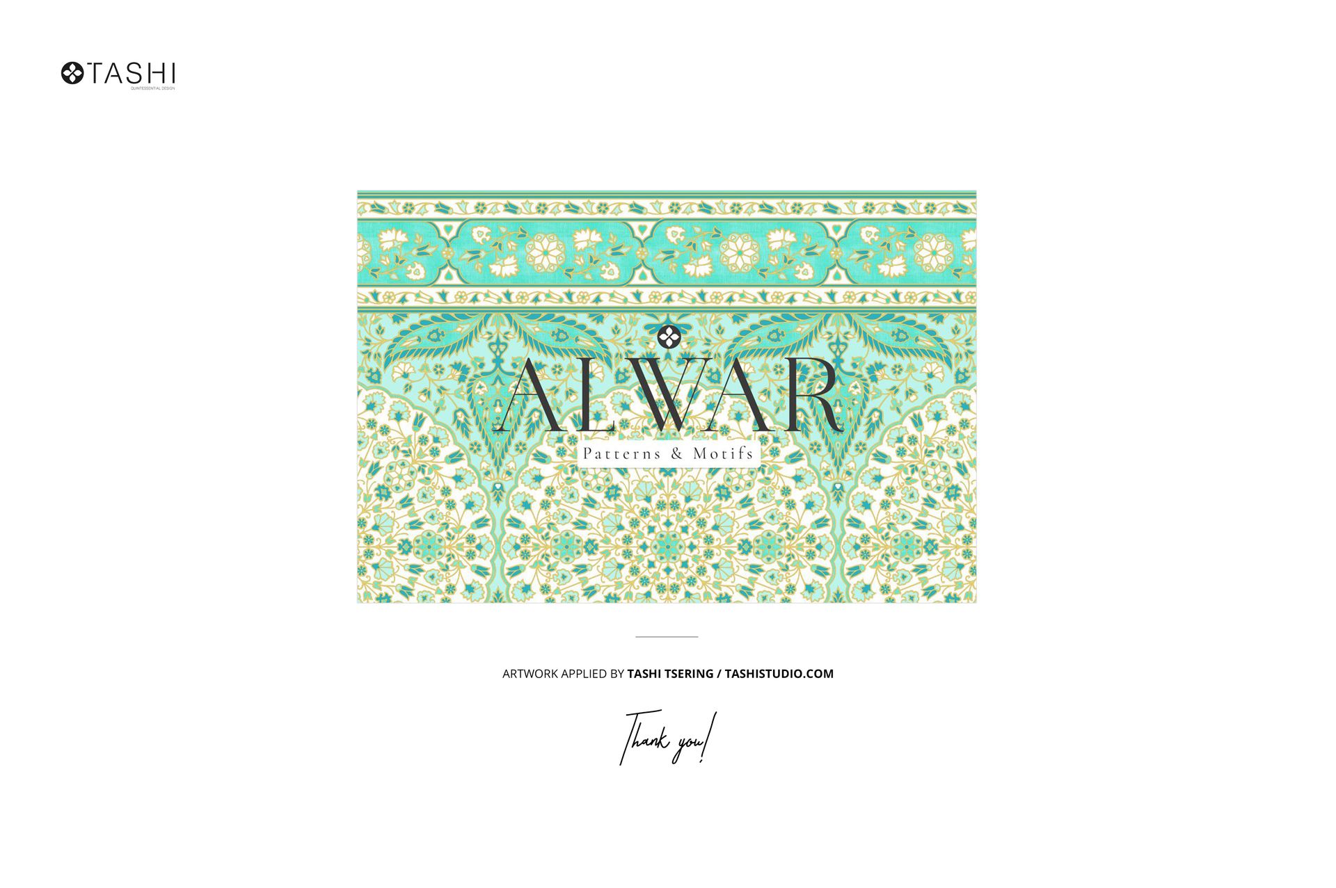 Fashion accessory mockup showing a twilly scarf with ornate green and beige motifs styled on a bag, front perspective.