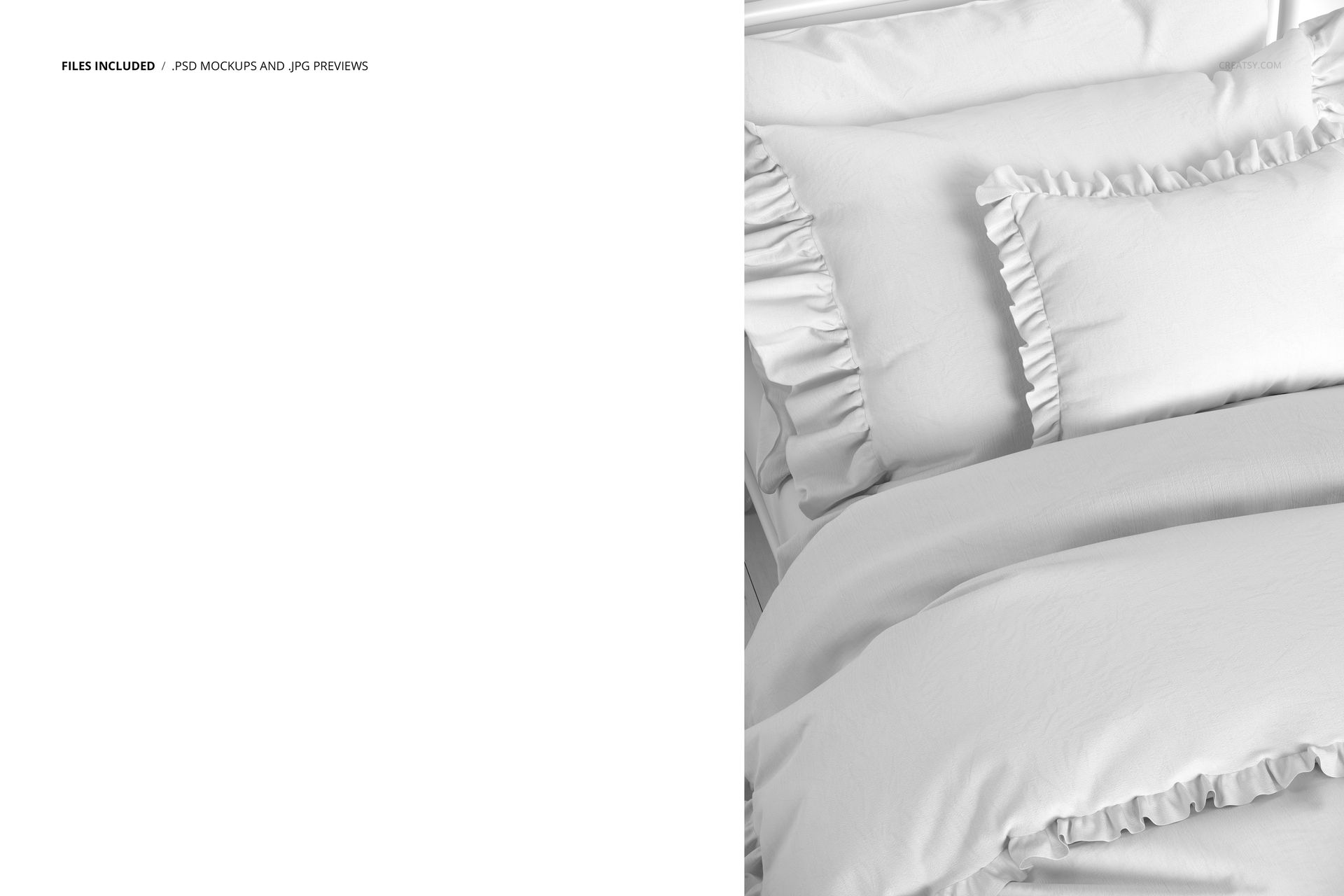 Front view of white ruffled pillows and duvet covers arranged neatly on a bed, shown in a PSD mockup scene.
