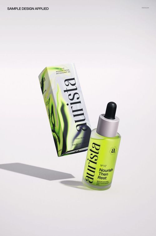 Cosmetic dropper bottle and matching packaging box mockup, featuring green accents and bold black text, front view.