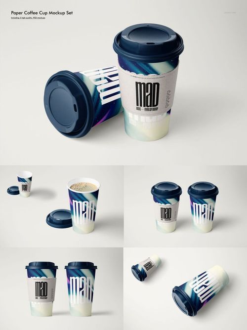 PSD mockup of drinkware with artistic patterns, blue lids, and coffee sleeves arranged in different positions on a light background.