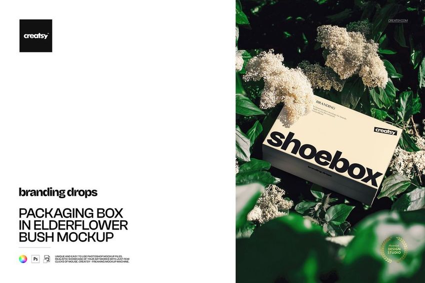 Shoebox-style packaging box mockup set in lush elderflower bushes with sunlight highlighting the foliage and flowers.