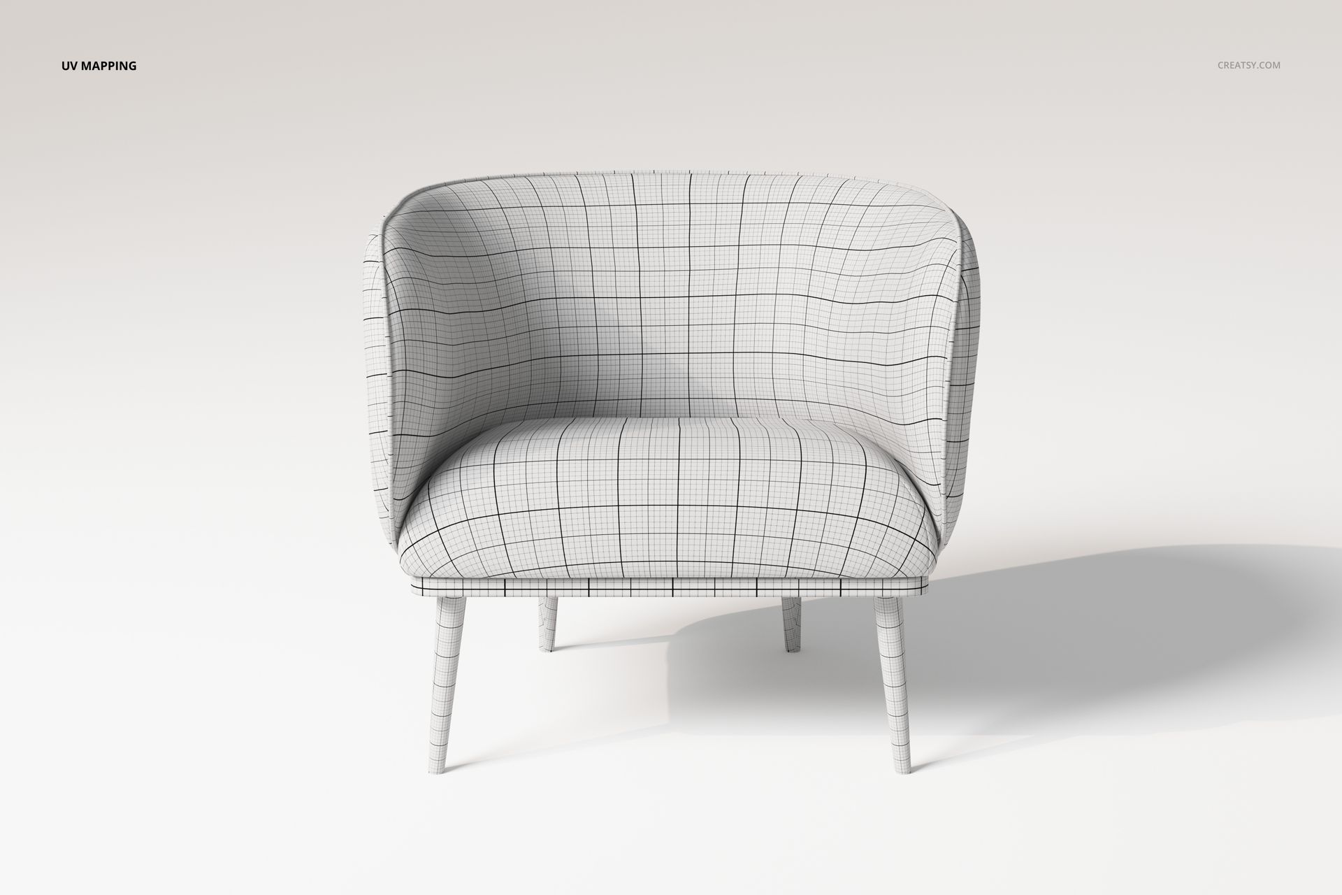 Scandinavian style armchair 3D model in a front view, featuring a curved backrest and grid wireframe pattern.