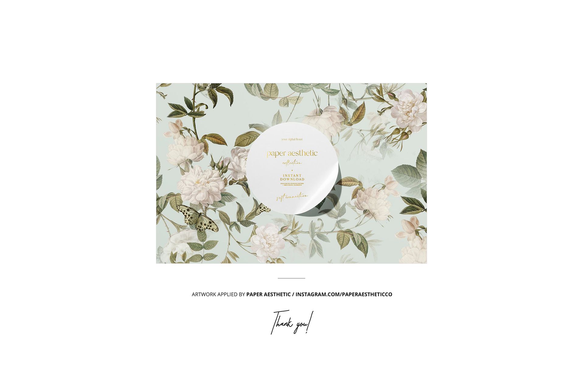 Front view of a grosgrain ribbon mockup with botanical accents, featuring floral and leaf patterns in soft colors.