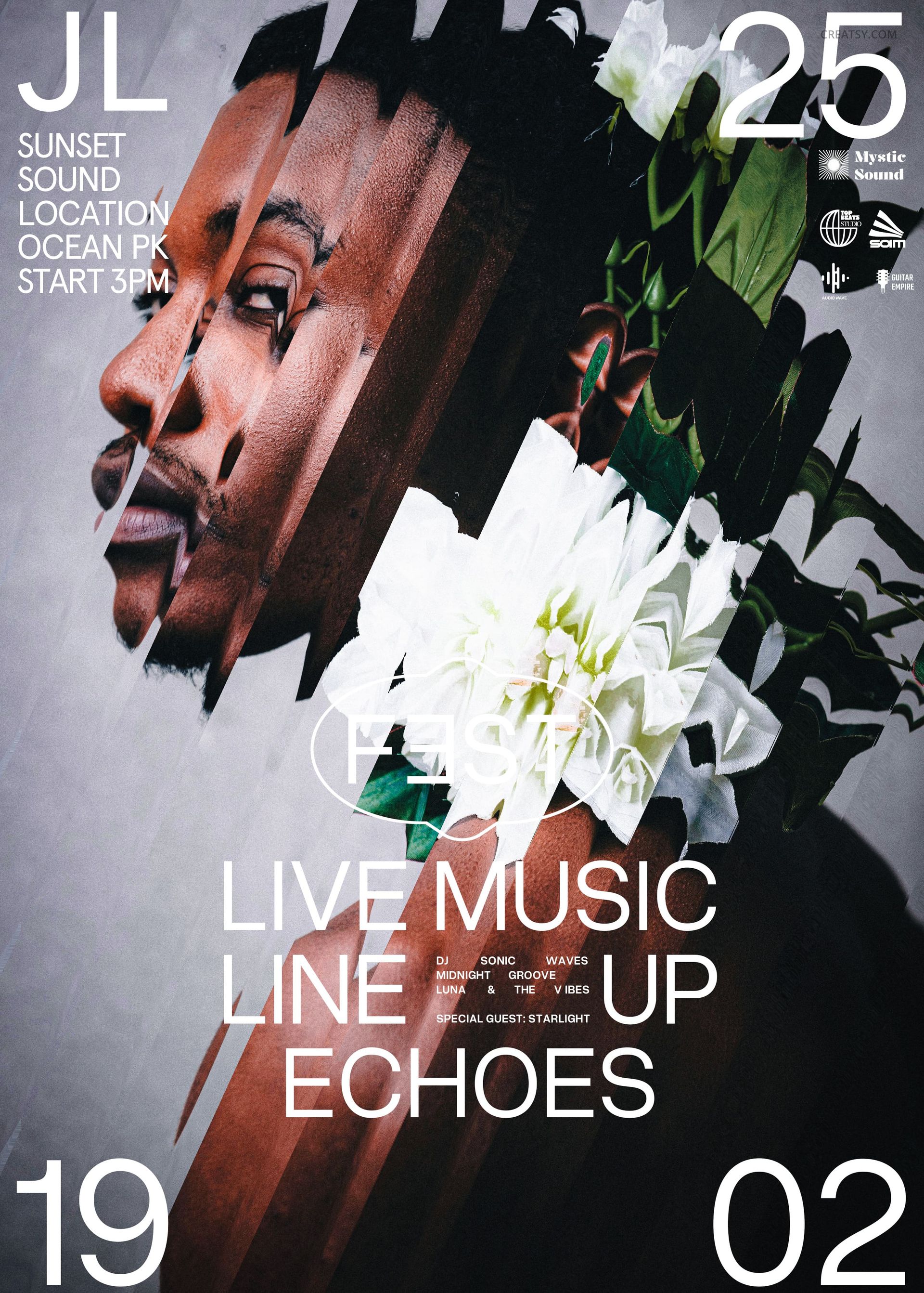Front view of a poster mockup featuring abstract orchid flowers in white and green with bold text overlays.