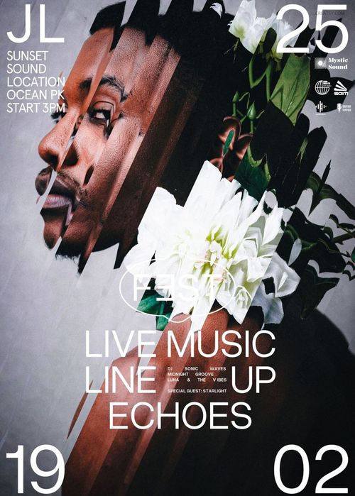 Front view of a poster mockup featuring abstract orchid flowers in white and green with bold text overlays.