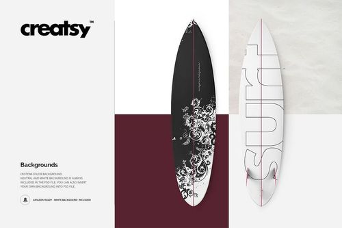 Surfboard hybrid PSD mockup showing a front view of two surfboards, one with ornate black patterns, one with large gray lettering.