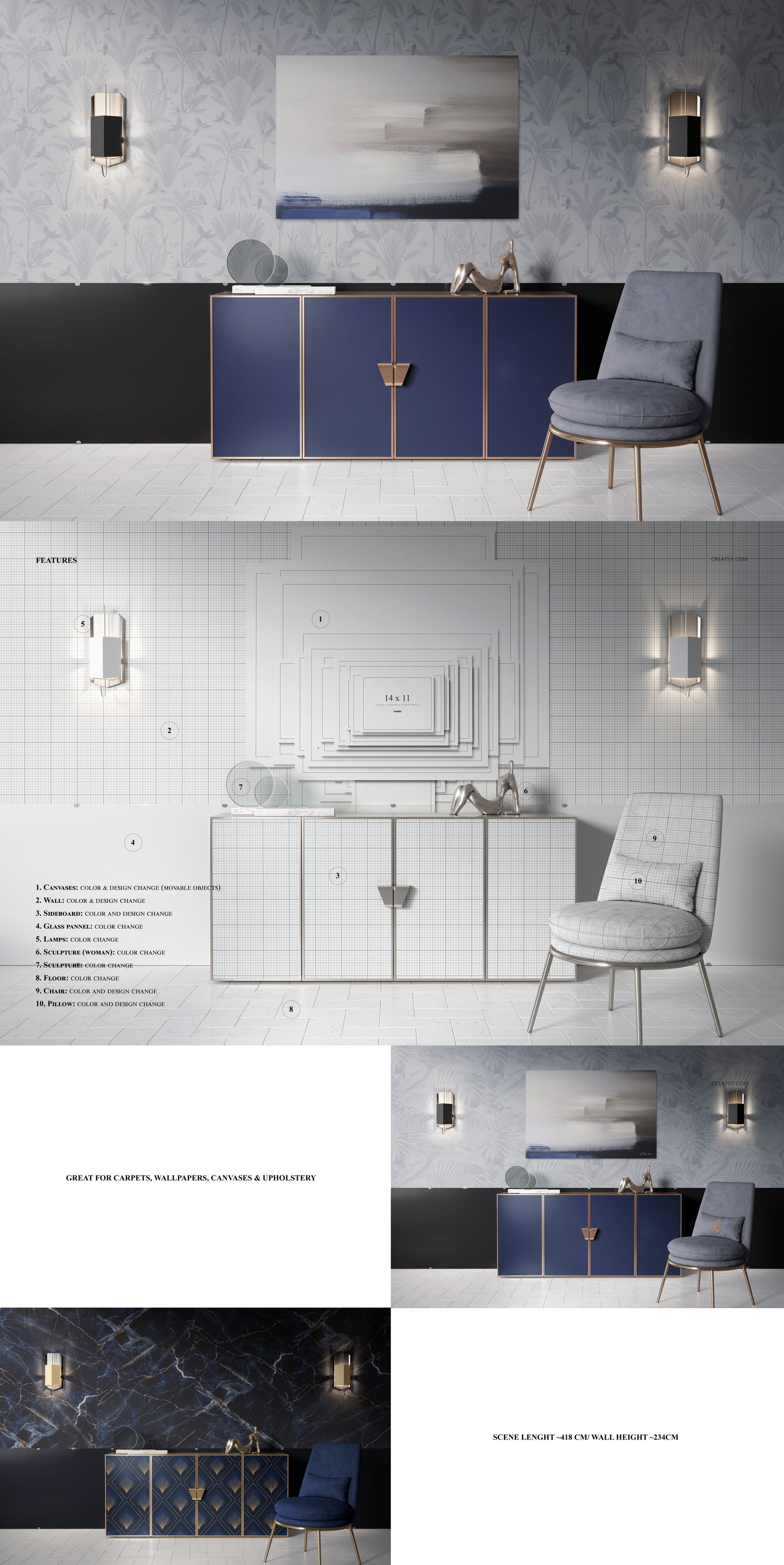 Contemporary room setup featuring a PSD mockup of wall art, canvas print, and upholstery with geometric patterns.