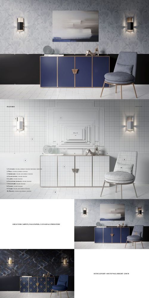 Contemporary room setup featuring a PSD mockup of wall art, canvas print, and upholstery with geometric patterns.