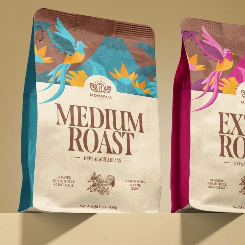 Coffee bag mockup featuring a colorful design with illustrated birds and leaves on a beige and brown background, photographed on a shelf.
