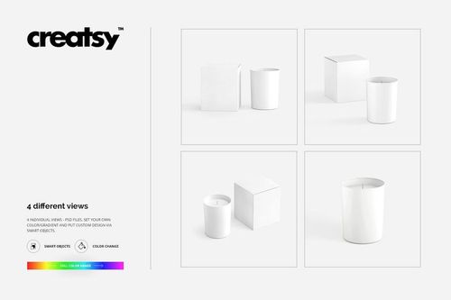 Four white scented candle mockups shown from different angles, each with a matching plain box on a light background.