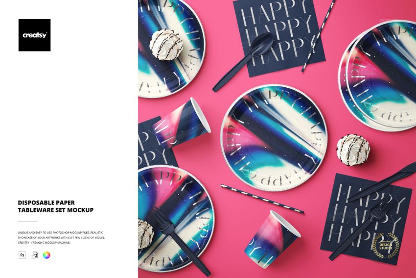 PSD mockup of disposable paper tableware including plates, cups, and napkins arranged on a bright pink surface with party props.