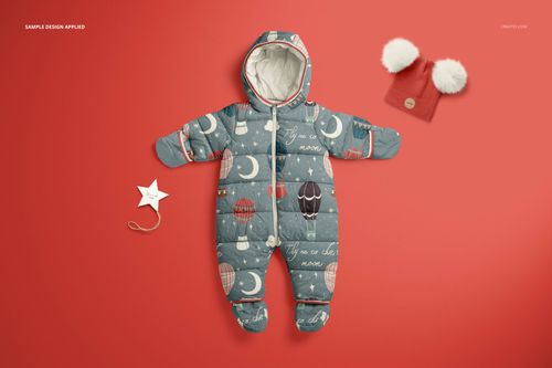 Front view of a baby snowsuit mockup with whimsical moon and balloon pattern, displayed on a red background.