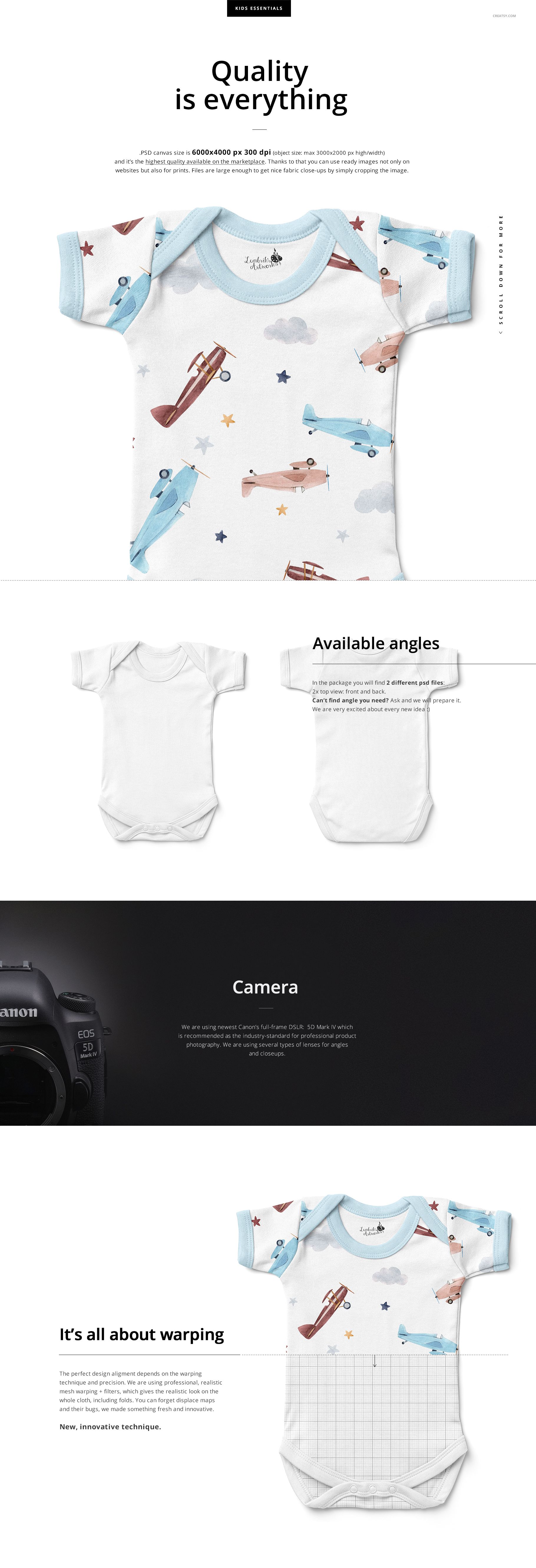 Short sleeve baby bodysuit mockup featuring front view designs, including airplane patterns and blue trim accents.