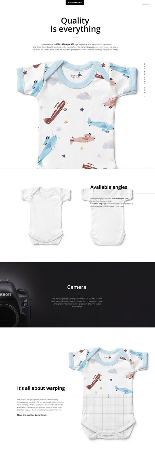 Short sleeve baby bodysuit mockup featuring front view designs, including airplane patterns and blue trim accents.