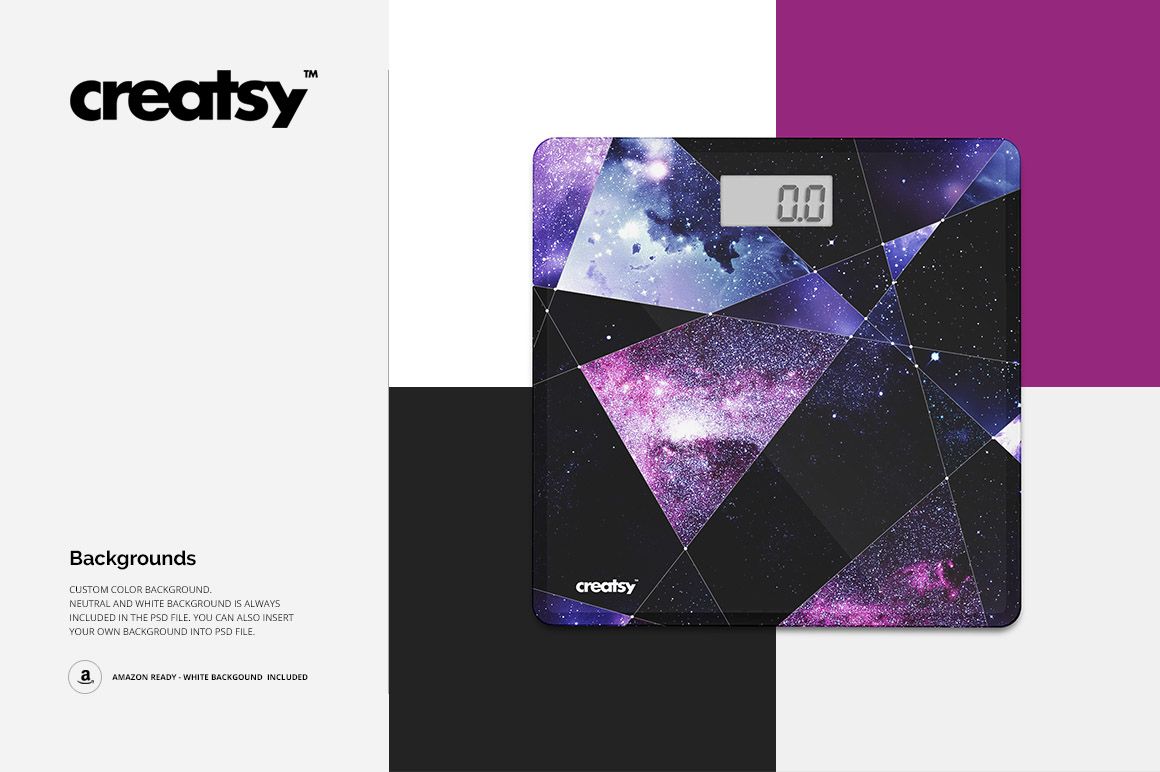 PSD mockup of a weight scale with a cosmic-themed geometric print, set against white, purple, and black background panels.