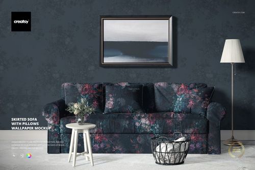 Skirted sofa mockup featuring dark floral upholstery and matching pillows, placed in a living room with moody wallpaper.