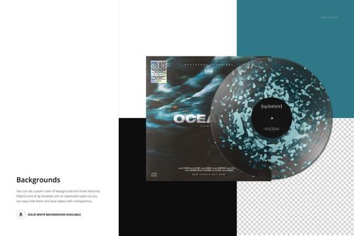 Mockup of a vinyl record featuring a blue and black splatter pattern alongside a square cover on a white and black backdrop.