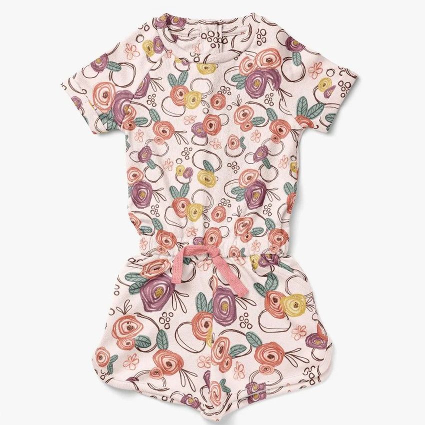 Girls cotton playsuit mockup featuring a short-sleeve one-piece garment with a pink and yellow floral pattern on white.