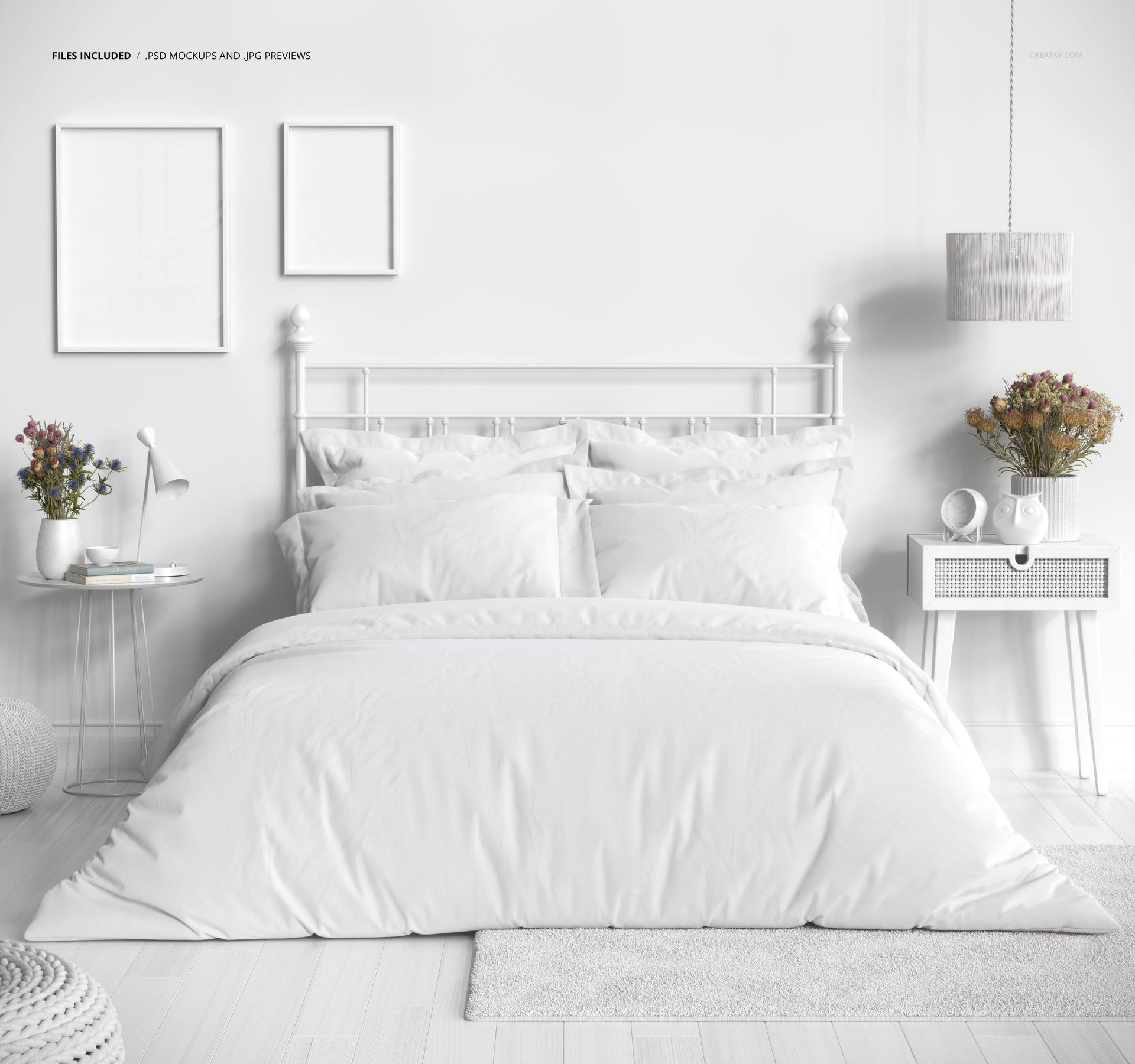 White bedding set in a cozy bedroom mockup, featuring floral arrangements and simple wall art above the bed.