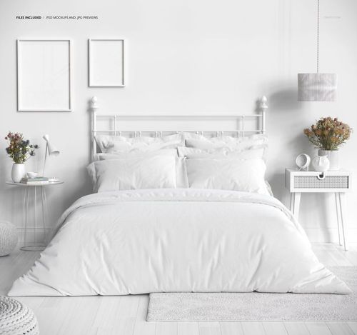 White bedding set in a cozy bedroom mockup, featuring floral arrangements and simple wall art above the bed.