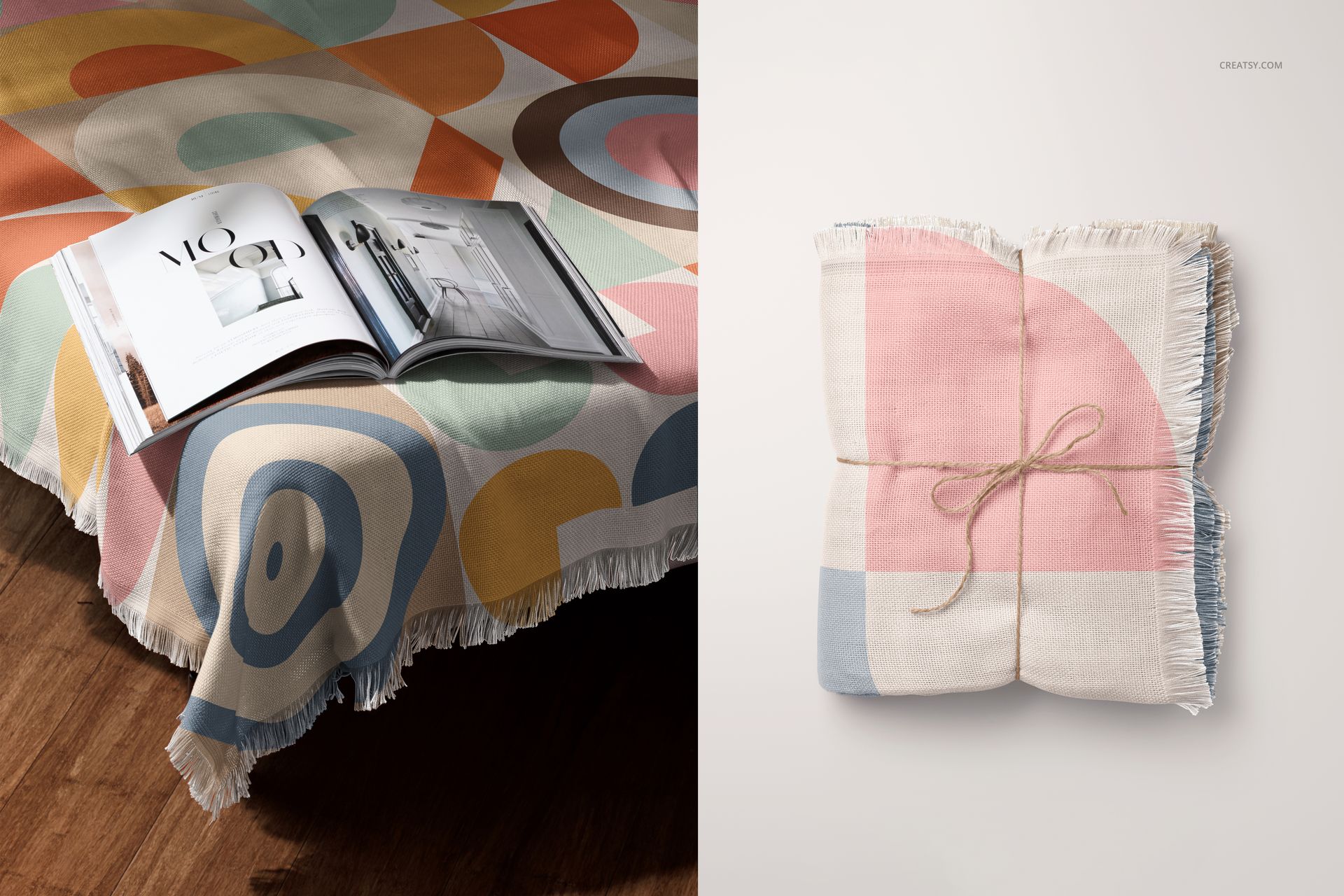 PSD mockup of a woven coverlet featuring circular and abstract shapes in pink, blue, yellow, and beige tones.