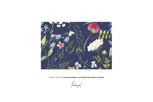 Rectangular ribbon mockup featuring a botanical pattern with colorful flowers and green leaves on a navy background.