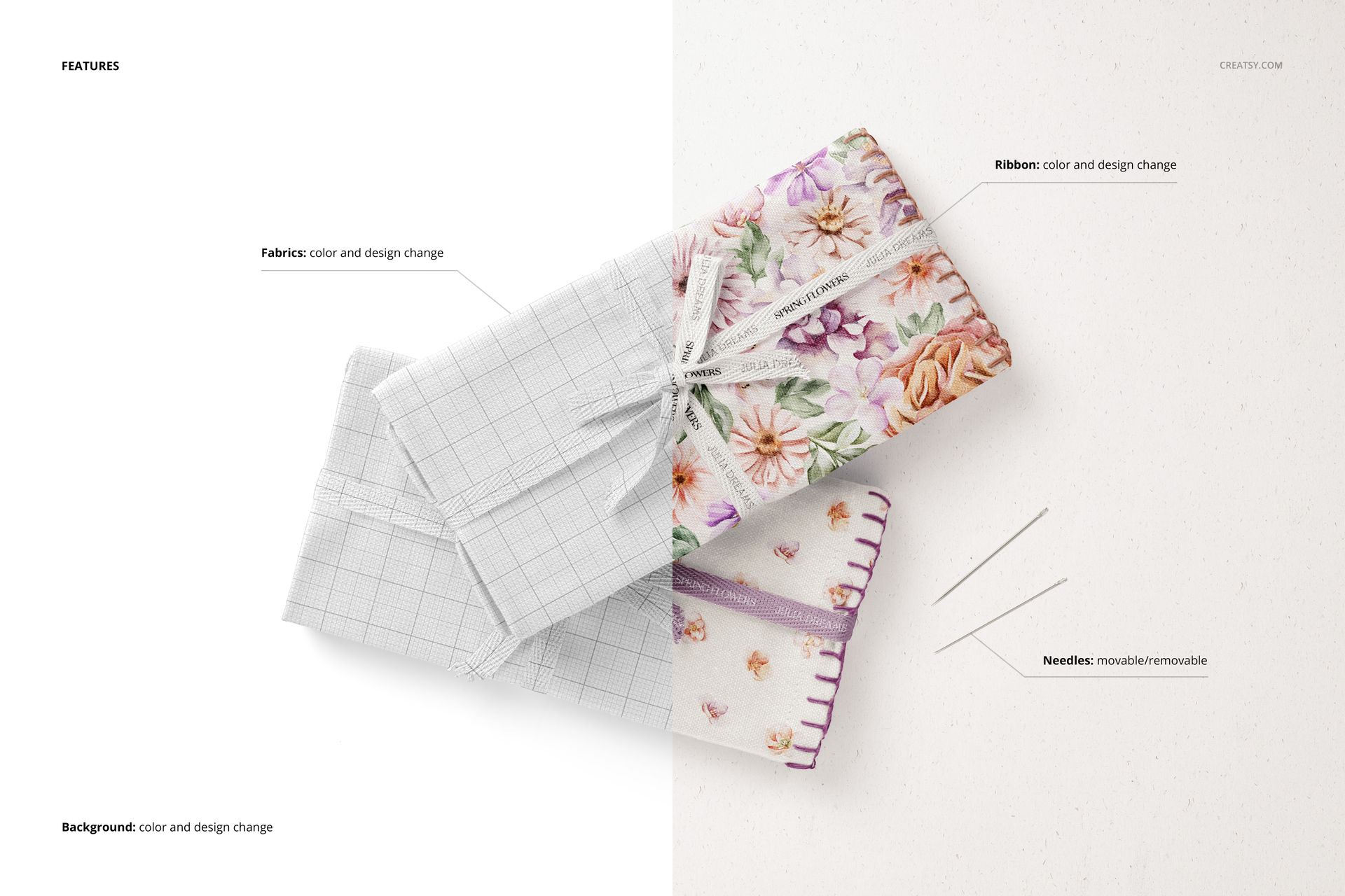 Folded fabric mockup set with varied patterns and colors, including ribbons and needles, on a neutral surface.