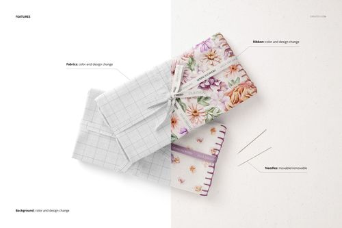 Folded fabric mockup set with varied patterns and colors, including ribbons and needles, on a neutral surface.