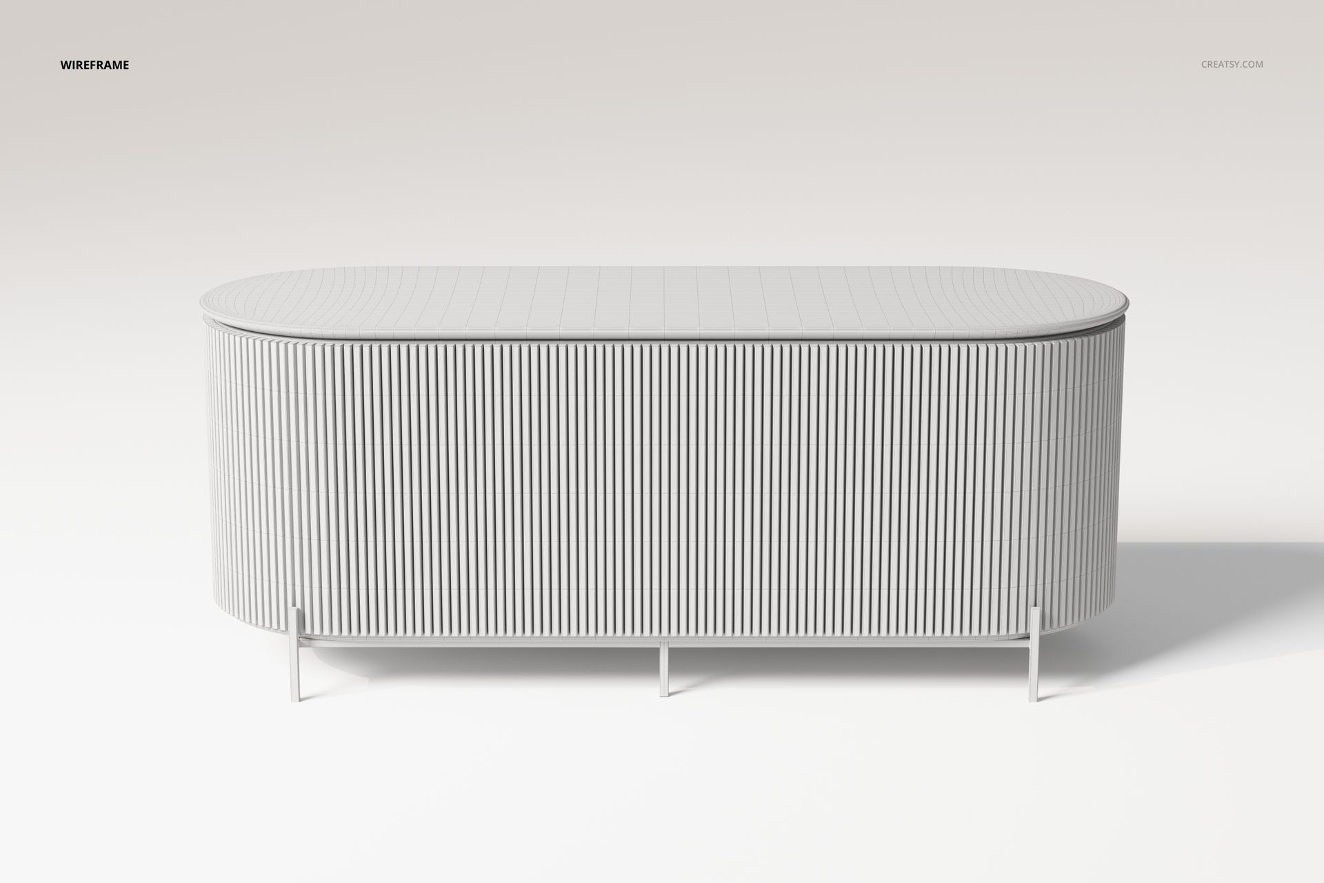 Front view of an oval-shaped bar cabinet with vertical ribbed texture, shown in a white wireframe style on a plain background.