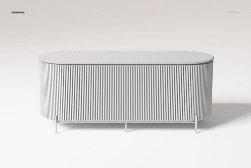 Front view of an oval-shaped bar cabinet with vertical ribbed texture, shown in a white wireframe style on a plain background.