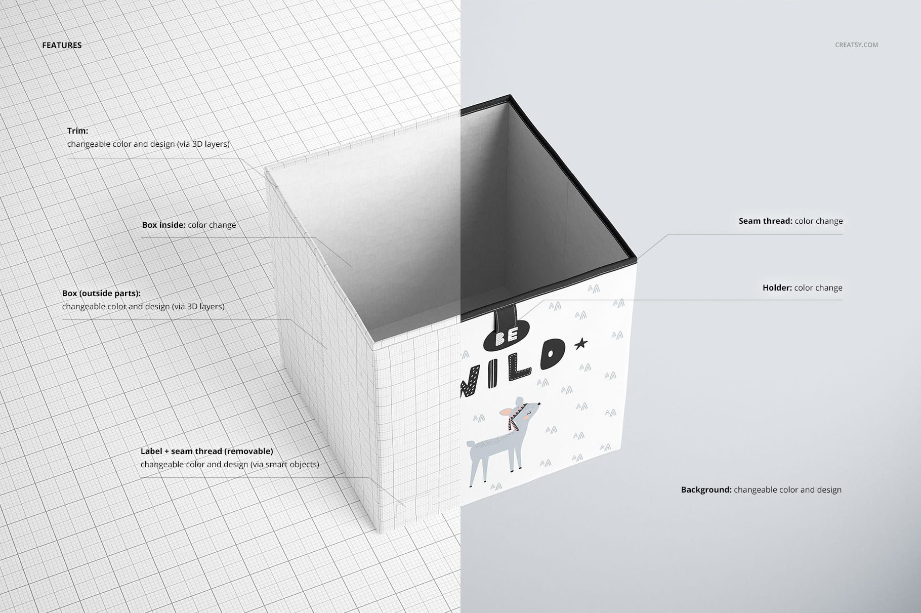Folding storage box mockup shown from a front angle, featuring a split design with grid lines and playful animal pattern.