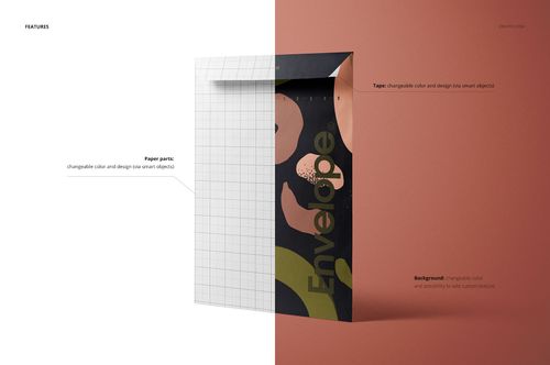 Envelope mockup with half showing grid template and half displaying a colorful abstract design on a brown background.