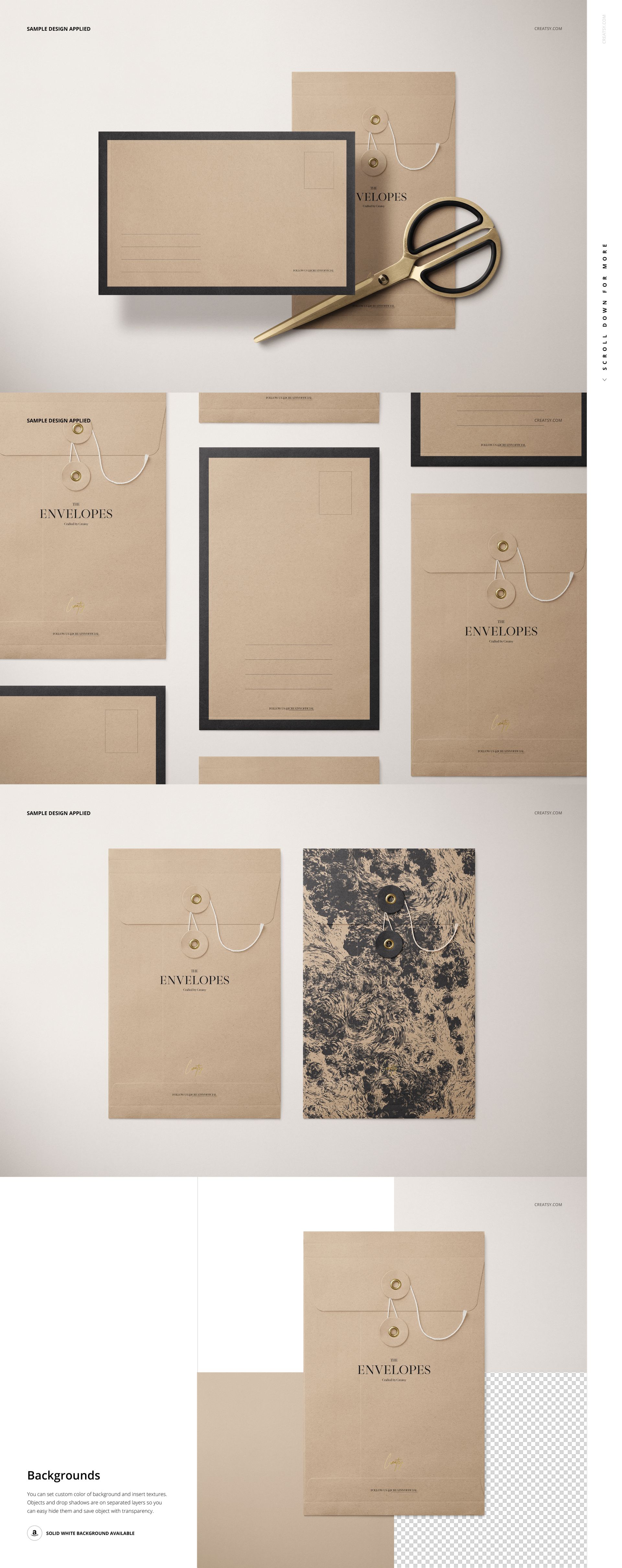 Stationery mockup featuring kraft envelopes and cards arranged on a light surface with gold scissors and string.