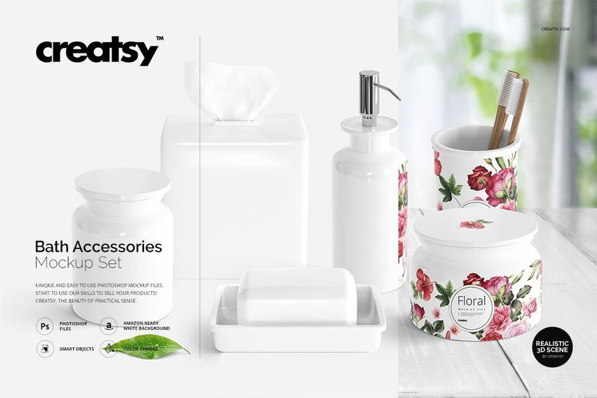 PSD mockup of bath accessories featuring porcelain containers, floral patterns, and a toothbrush holder, displayed on a white background.