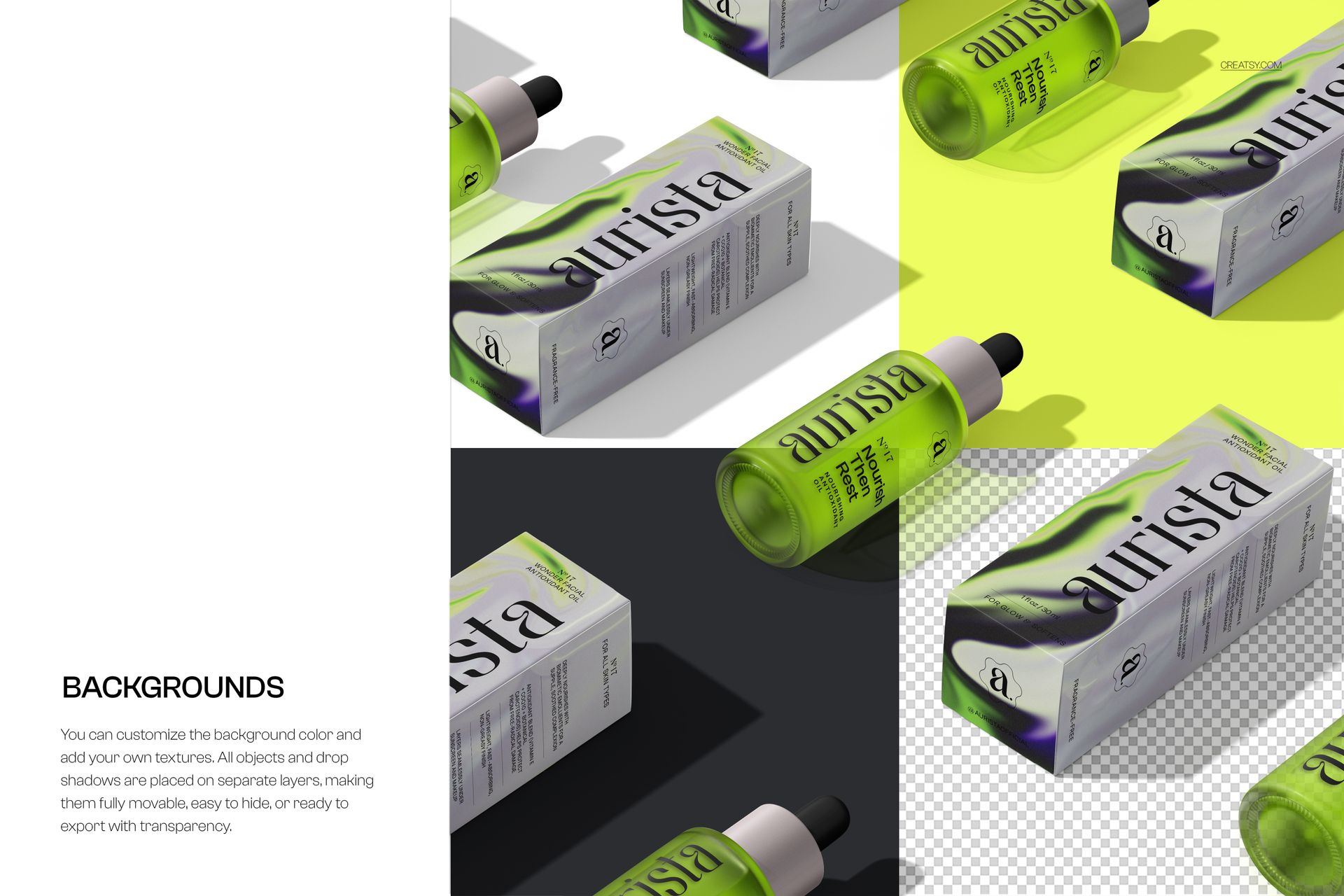 PSD mockup showing several green serum bottles and packaging arranged diagonally across light and dark backgrounds.
