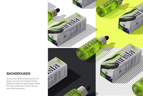 PSD mockup showing several green serum bottles and packaging arranged diagonally across light and dark backgrounds.